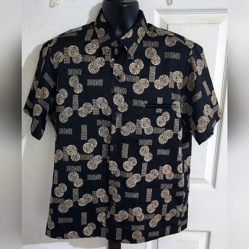 Tori Richard Shirt Men Large Black Short‎ Sleeve Button Up Geometric Vintage EUC